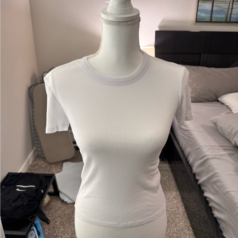 Zara White Ribbed Short Sleeve Tee